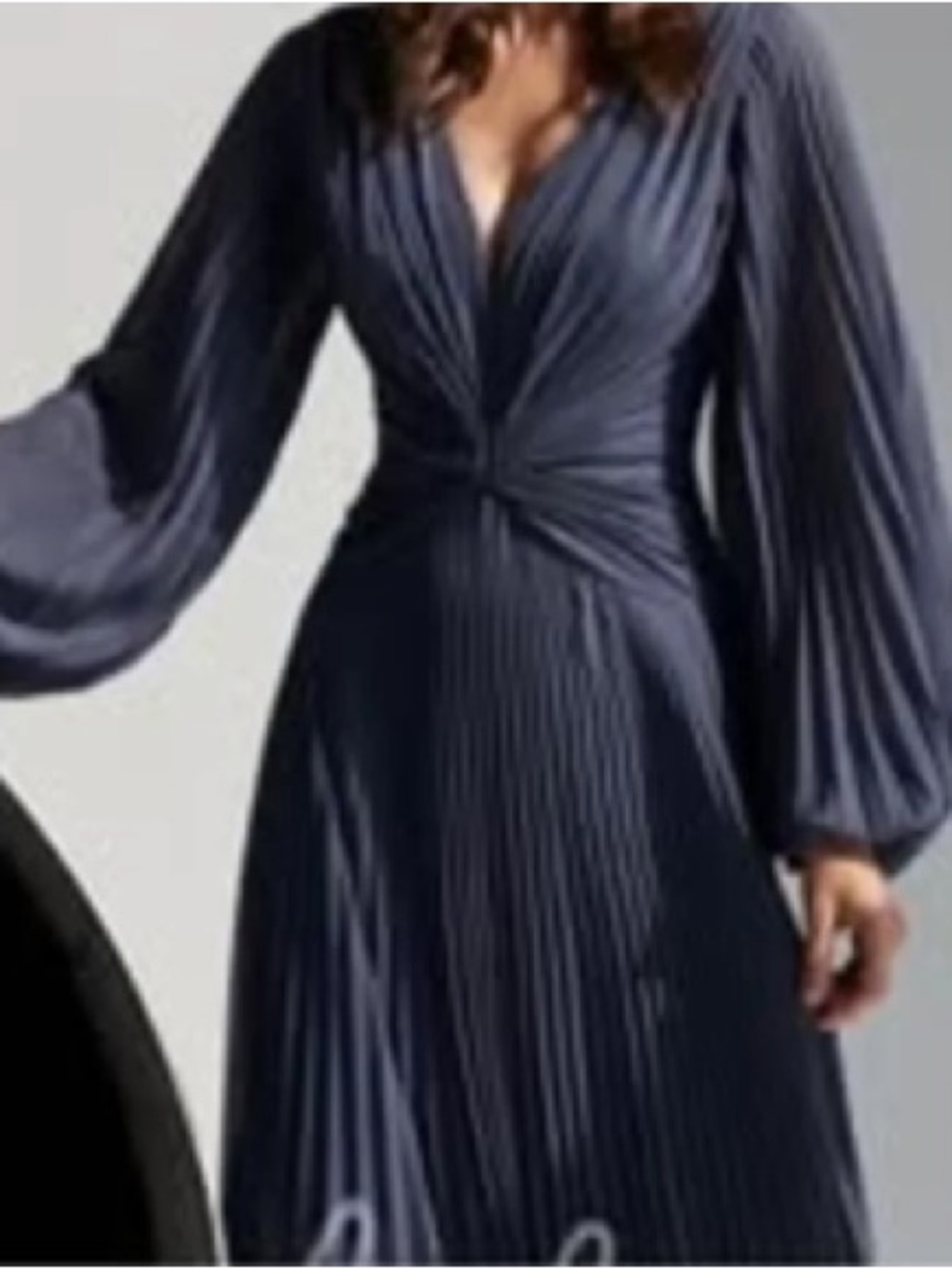 V-Neck Pleated Long Sleeve Dress - Navy